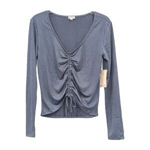 NWT Kensie‎ Ruched Tie Front Shirt Medium Vintage Blue Long Sleeve V-neck Casual